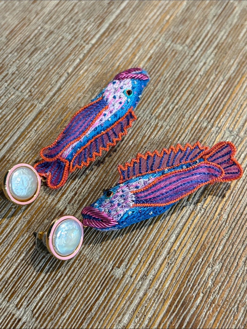 Mignonne Gavigan Colorful Fish Embroidered Drop Earrings - Pink, Purple & Blue - Picture 2 of 7